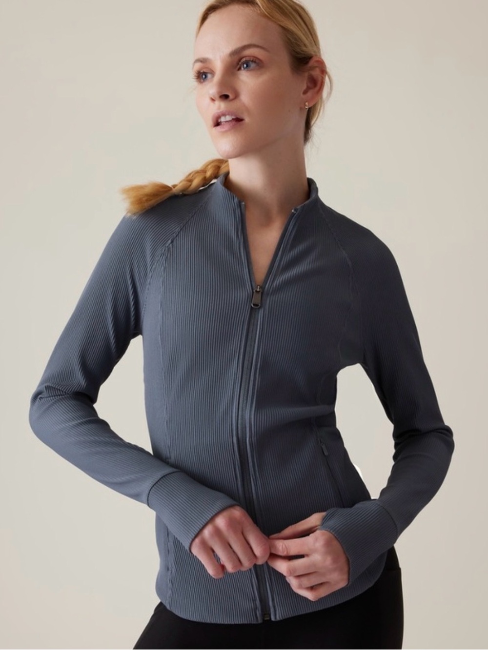 Athleta Ribbed Zip-Front Jacket in Slate Gray Blue